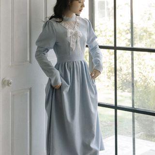 Long-sleeve Tie-neck Lace Trim Midi A-line Dress