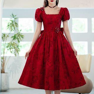Puff-sleeve Faux Pearl Floral Jacquard A-line Cocktail Dress