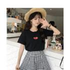 Strawberry Print Short-sleeve T-shirt / Check A-line Skirt