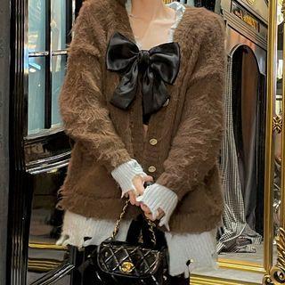 Mock Two-piece Bow Accent Fray Trim Cardigan Coffee - One Size
