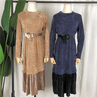 Long-sleeve Velvet Panel Midi Dress