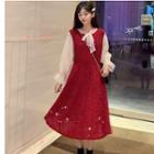 Long-sleeve Mesh Panel A-line Dress Red - One Size