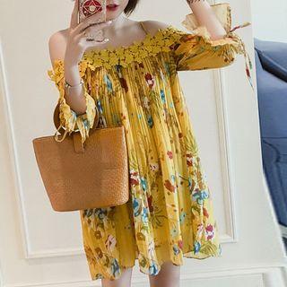 Cold-shoulder Floral Mini Chiffon Dress