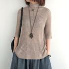 Short-sleeve Mock-neck Ripped Knit Top