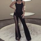 Spaghetti Strap Mesh Panel Bootcut Jumpsuit
