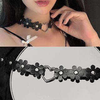 Heart Alloy Flower Faux Leather Choker Black - One Size