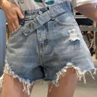 Asymmetric Frayed Hem Ripped Wide-leg Denim Shorts