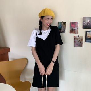 Mock Two-piece Short-sleeve Color Block A-line Mini Dress