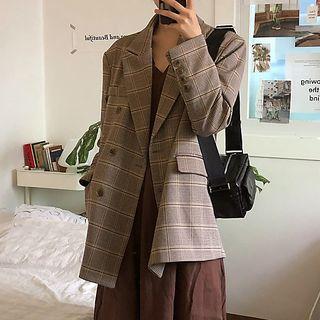 Double-breasted Gingham Blazer Light Coffee - One Size