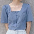 Puff-sleeve Square Neck Buttoned Top