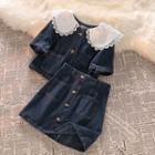 Short-sleeve Lace Trim Denim Shirt / Button-up Mini A-line Skirt