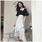 Set: Elbow-sleeve Off Shoulder Top + Dotted Midi Skirt
