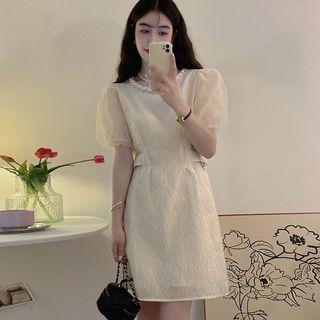 Puff-sleeve Faux Pearl Panel Plain Dress