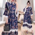 Bell-sleeve Lace Trim Floral Print Midi A-line Dress