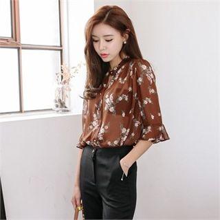 Mandarin-collar 3/4-sleeve Ruffle-cuff Floral Chiffon Blouse