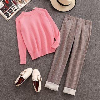 Set: Plain Sweater + Plaid Straight-cut Pants