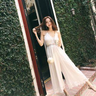 Lace Trim Cropped Wide-leg Spaghetti Strap Jumpsuit