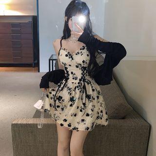 Spaghetti Strap Lace-up Floral Mini A-line Dress