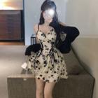 Spaghetti Strap Lace-up Floral Mini A-line Dress