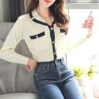 Notched-collar Piped Metallic-button Cardigan