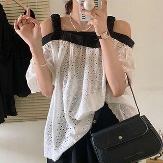 Short-sleeve Off-shoulder Contrast Trim Eyelet Lace Blouse Off-white - One Size