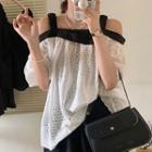 Short-sleeve Off-shoulder Contrast Trim Eyelet Lace Blouse Off-white - One Size