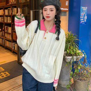 Color-block Knit Polo-shirt Black & White - One Size