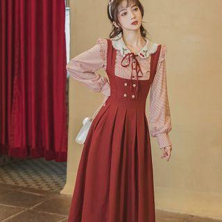 Set: Long-sleeve Frill Trim Blouse + Midi A-line Overall Dress