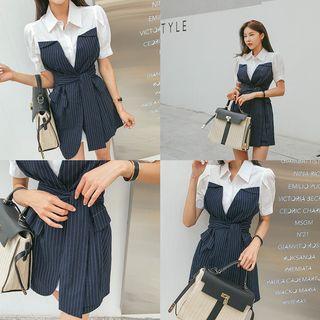 Mock Two-piece Pinstripe Wrap Shirtdress