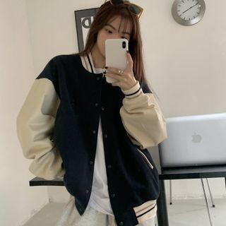 Striped Trim Baseball Jacket Navy Blue - One Size