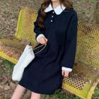 Contrast Collar Long-sleeve A-line Dress Navy Blue - One Size