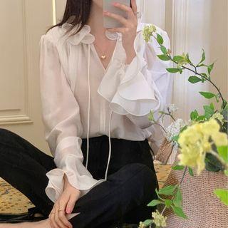 Long-sleeve Ruffled Tie-neck Blouse White - One Size
