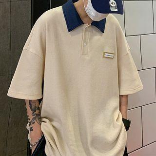 Elbow-sleeve Waffle Polo Shirt