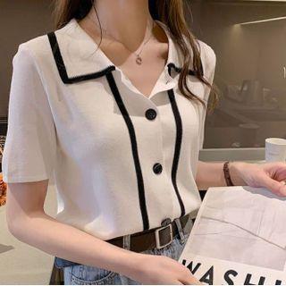 Short-sleeve Contrast Trim Collar Cardigan