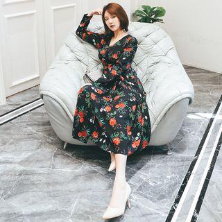 Long-sleeve Floral Slit Midi A-line Dress