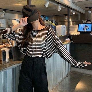 Striped Long-sleeve Loose-fit Top / Plain Jumper Pants