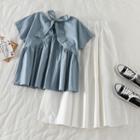 Bow Short-sleeve Blouse / Plain Midi A-line Skirt