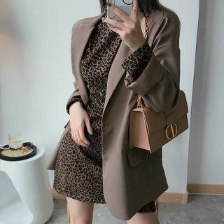 Long-sleeve Mock-neck Leopard Print Mini A-line Dress