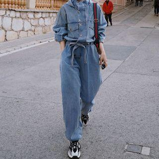 Long-sleeve Hooded Denim Cargo Jumpsuit
