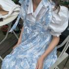 Puff-sleeve Frill Trim Blouse / Print Midi A-line Overall Dress