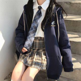 Long-sleeve Tie-neck Shirt / Plaid Mini A-line Skirt / Zip Hoodie