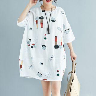 Printed Elbow Sleeve Dress White - One Size