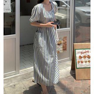 Short-sleeve Square-neck Striped Dress Stripe - One Size