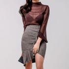 Set: Mock-neck Long-sleeve Top + Ruffle Trim Pencil Skirt
