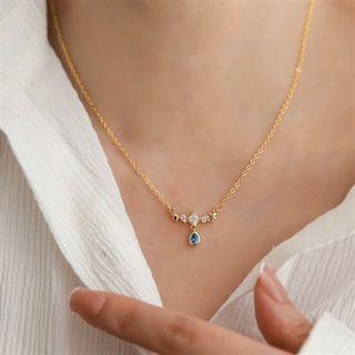 Rhinestone Pendant Alloy Necklace Gold & Blue - One Size