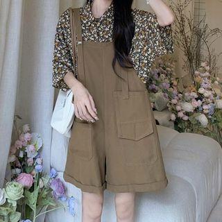 Elbow Accent-sleeve Floral Shirt / Plain Pocket-detail Playsuit