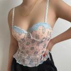 Lace-panel Floral Print Ruffled-trim Mesh Crop Camisole Top