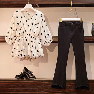 3/4-sleeve Pattern Blouse / Boot Cut Jeans