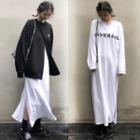 Long-sleeve Lettering Maxi T-shirt Dress / Split-front Pullover
