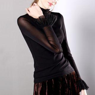 Long-sleeve Lace Cuff Mesh Top